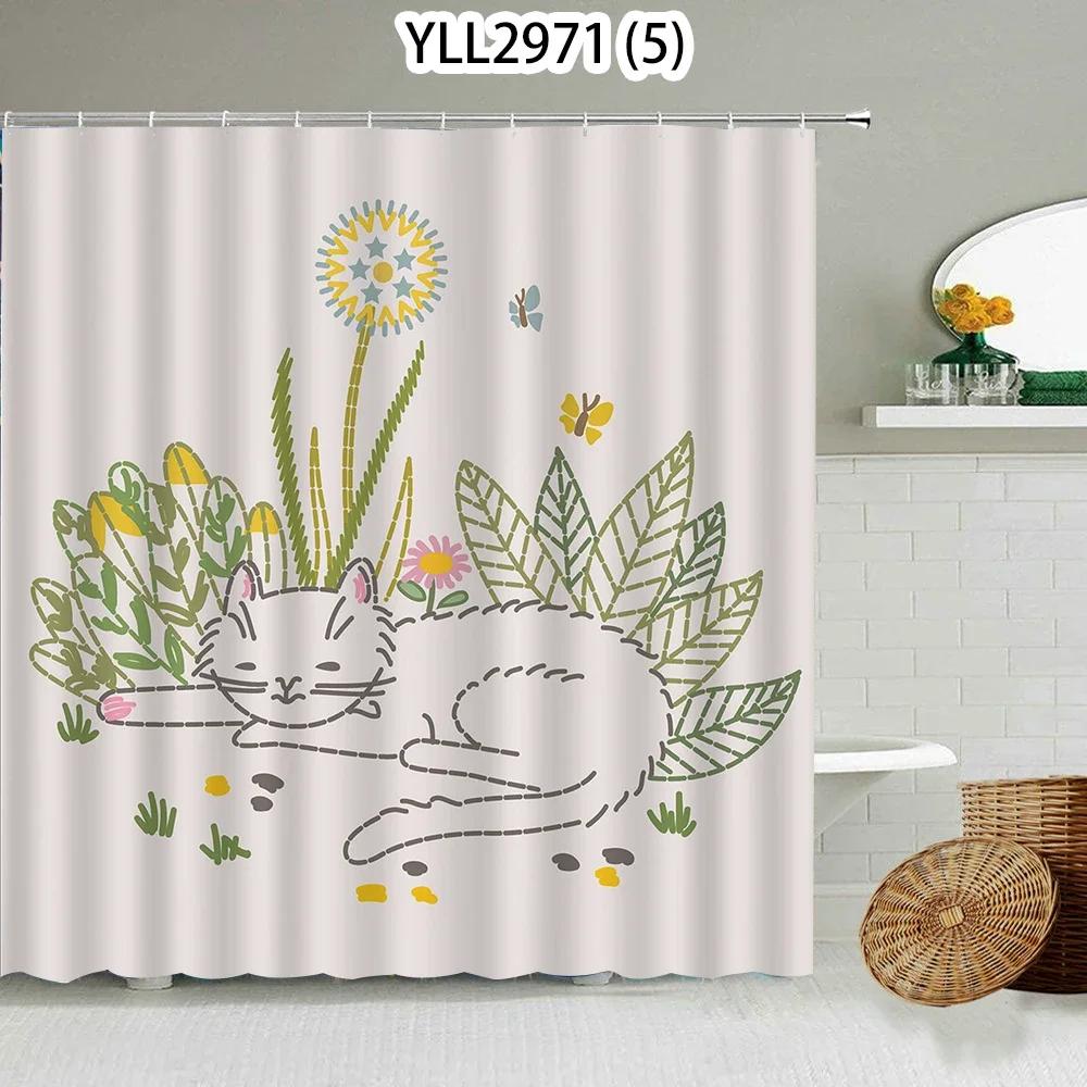 Katze Hase Tierdruck Floral Heimdeko Duschvorhang Wasserdichtes Polyester   Duschvorhang