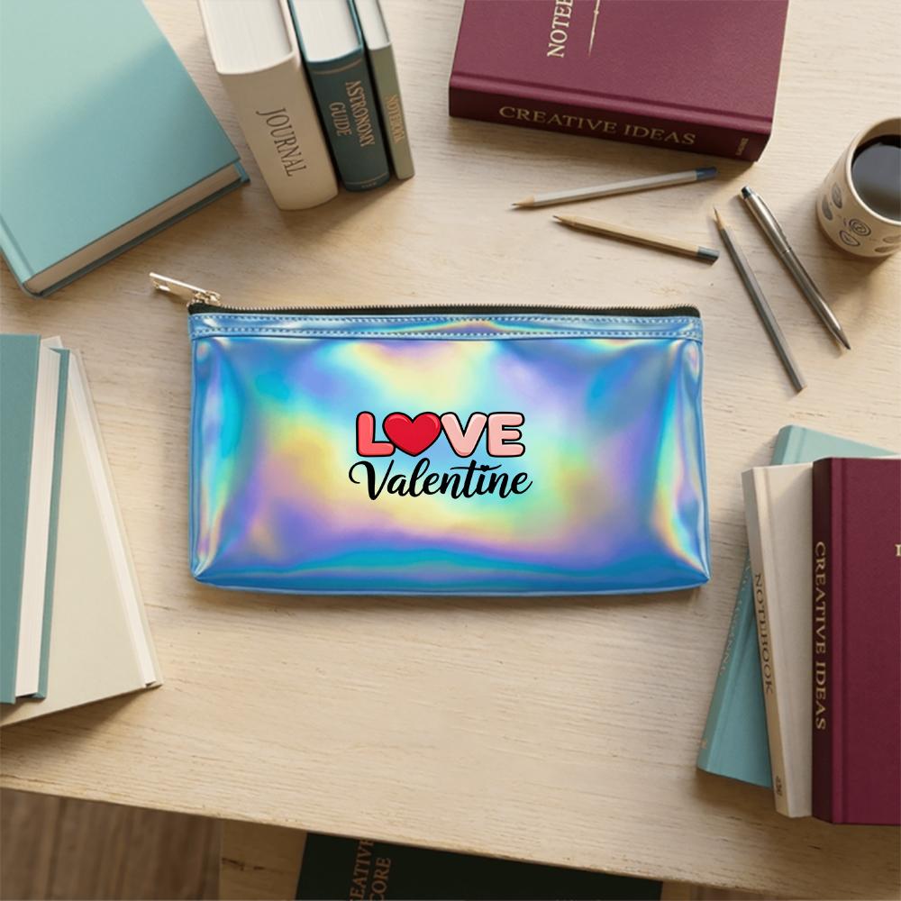 Cute Heart Letter Print Laser Cosmetic Makeup Bag Holographic Toiletry Pouch, PortableTravel Organizer for Valentine Gift Party