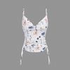 European and American women's clothing floral printing thin shoulder strap V-neck suspender drawstring pleated slim-fit short top