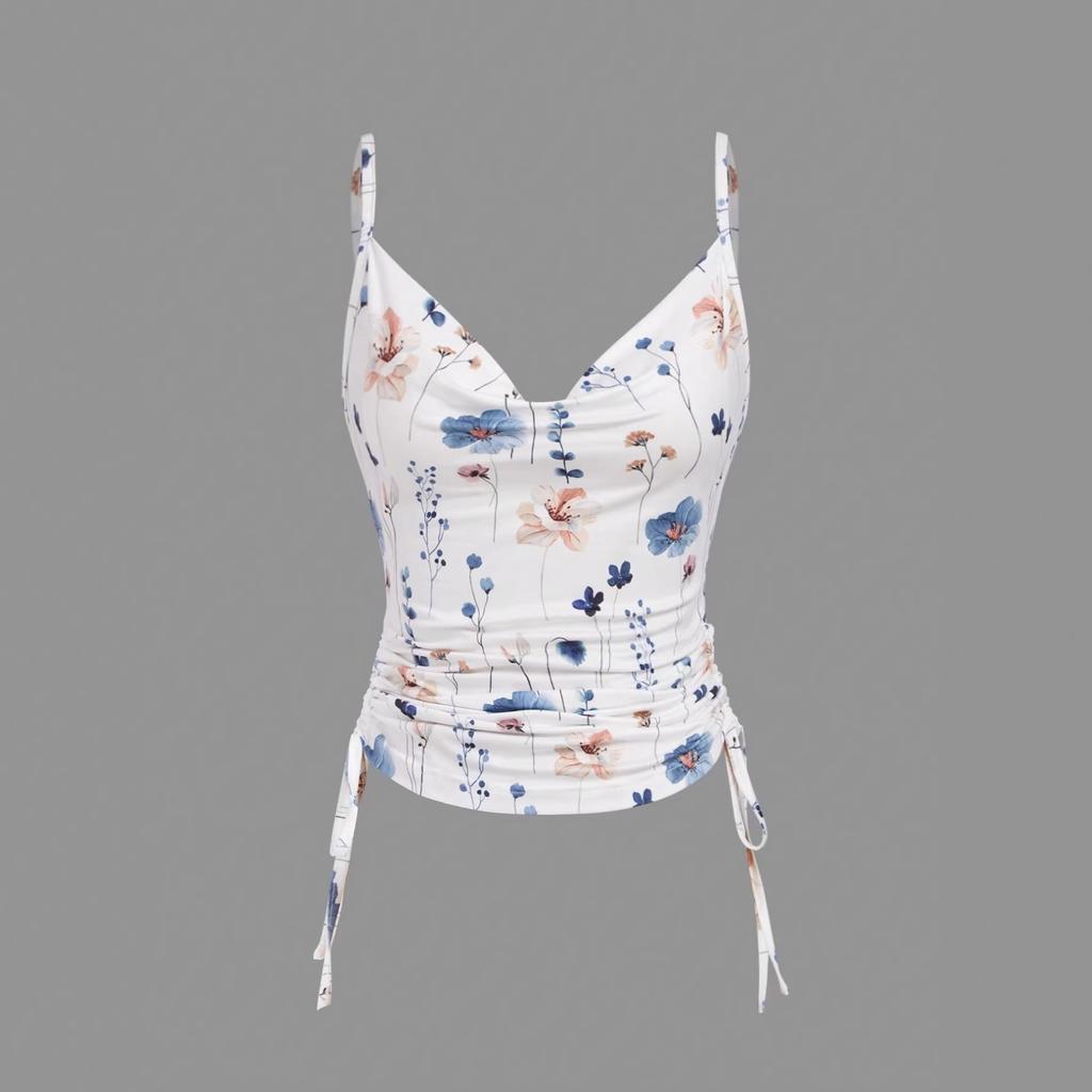 European and American women's clothing floral printing thin shoulder strap V-neck suspender drawstring pleated slim-fit short top