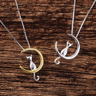 New 925 Sterling Silver Moon Cat Necklaces Pendant Fashion Sterling Silver Jewelry Statement for Women Bijoux