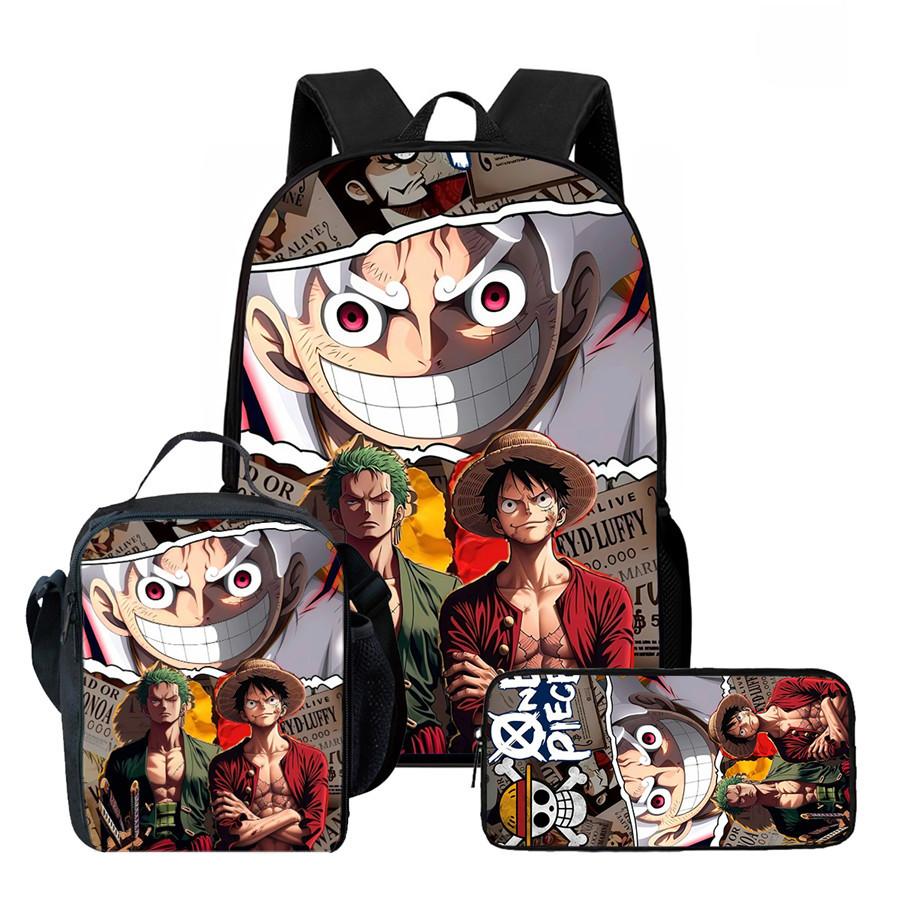 One Piece Anime Backpack 3Pcs Set Cartoon School Backpack Crossbody Bag Pencil Case Student Schoolbag Travel Backpack Gift