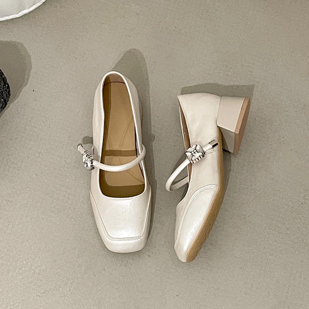 White retro French square head thick high-heeled single shoes women's 2025 new summer versatile height-increasing shallow mouth Mary Jane shoes