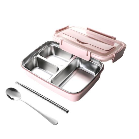 Obědový box z nerezové oceli s vnitřní nádobou 3/4 přihrádkami, nepropustný bento box s hůlkami, lžičkou, držákem na mobilní telefon