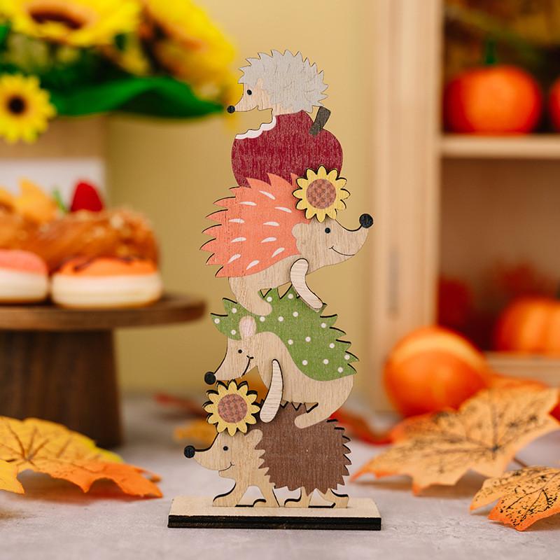 Wooden Thanksgiving Whimsical Decorations Featuring Cute Gnome Hedgehog And Charming Apple Pumpkin Designs