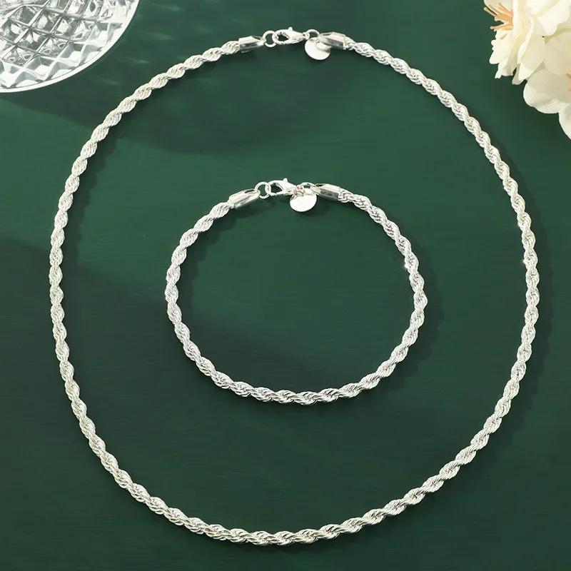 925 Silver 4mm Twisted Rope Necklace and Bracelet Set for Men and Women 40CM and 20cm серебряный