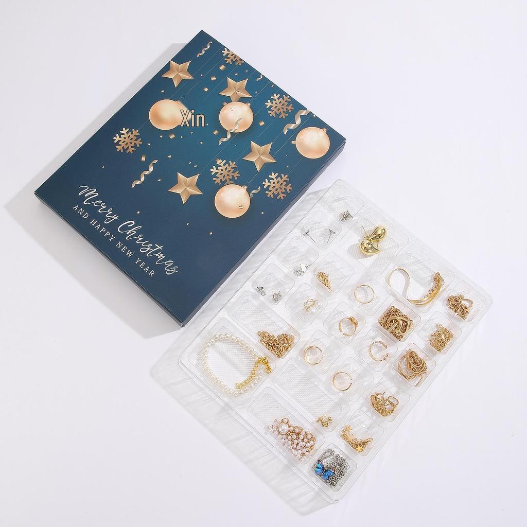 Holiday Gold Jewelry Set: Necklace, Beaded Bracelet, Ring, Earrings & Advent DIY Gift Box