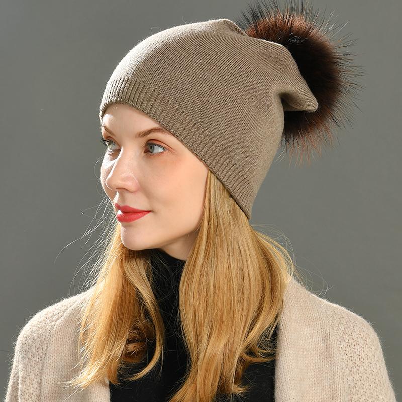 Real Raccoon Fur Pom Pom Knitted Hat Women Beanies Cashmere Winter Hat Female Girl Cotton Skullies Wool Beanie Hat