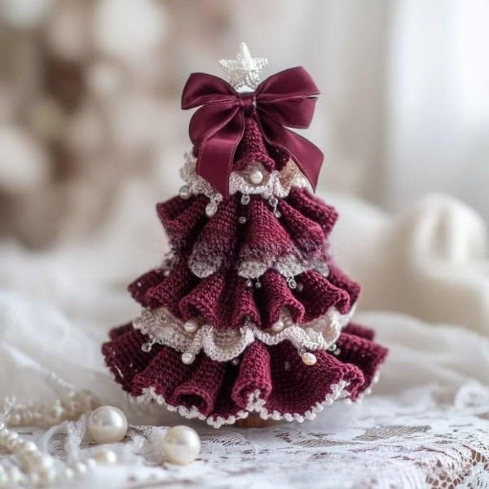 Handmade Crochet Christmas Tree Kit Festival with Bow Faux Pearl Christmas Party Crochet Decoration