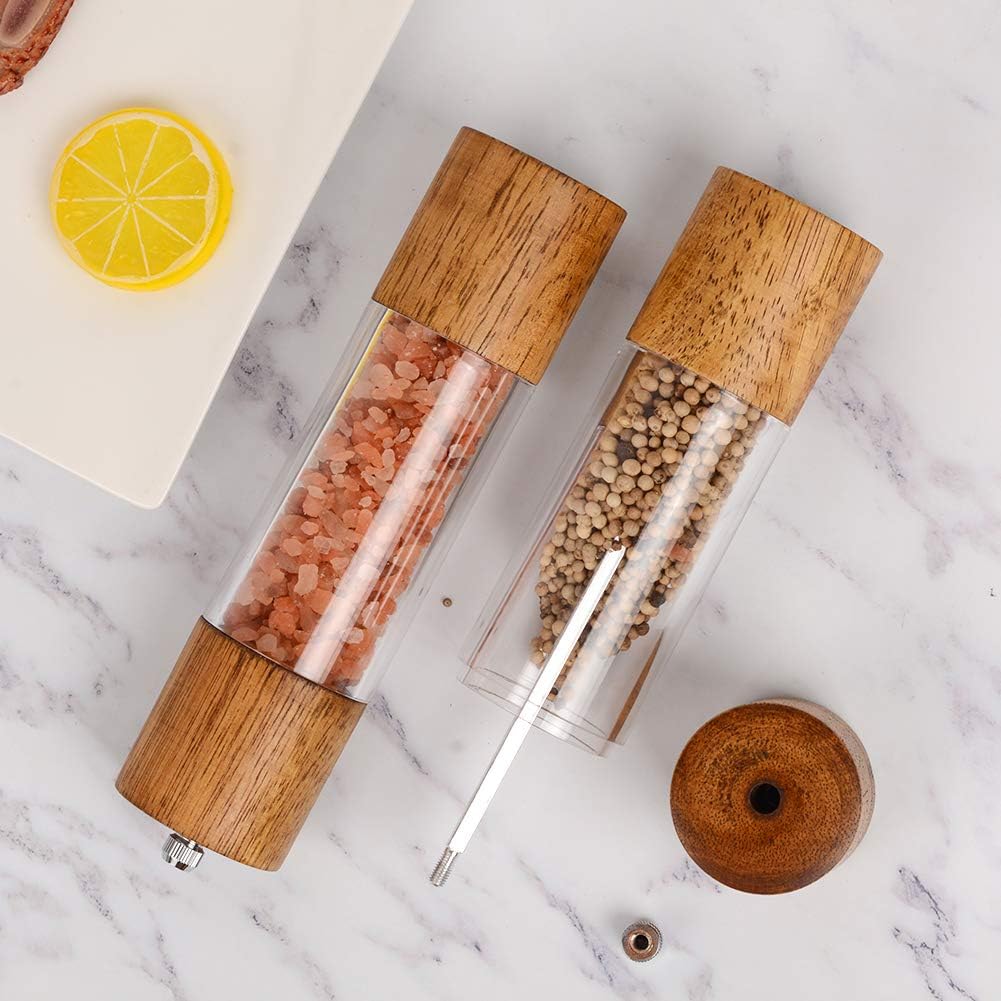 Premium Acrylic Salt and Pepper Grinder Set, Manual Salt and Pepper Mills- Wooden Shakers with Adjustable Ceramic Core-Salt Grinder and Pepper Mill