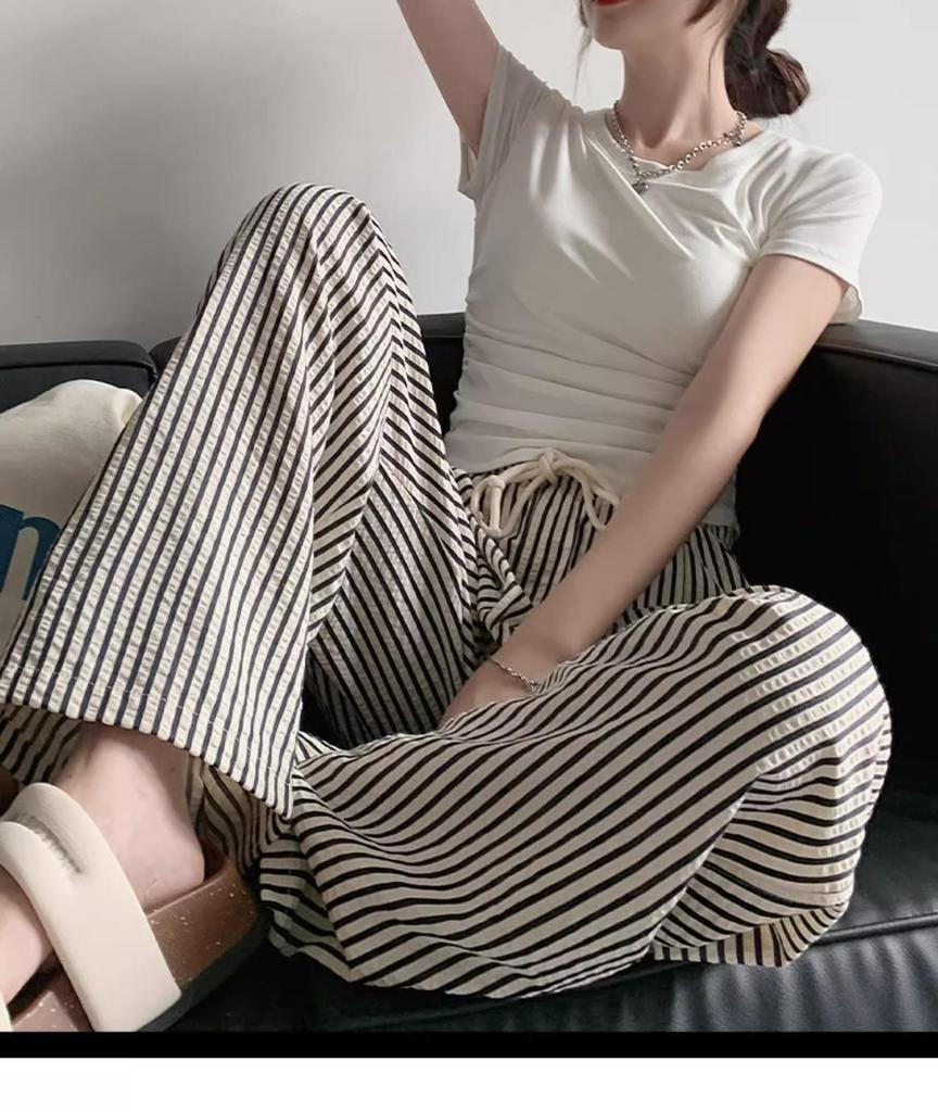 Women's Slimming High Waist Striped Pants: Black/White, Loose Straight-Leg, Petite 145, Wide-Leg, Summer 2025 Collection