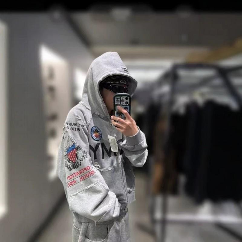 Mens Oversized Distressed Cotton Hoodie With Colorblock Patchwork Print Zip-Up Sweatshirt Fall Casual Wear