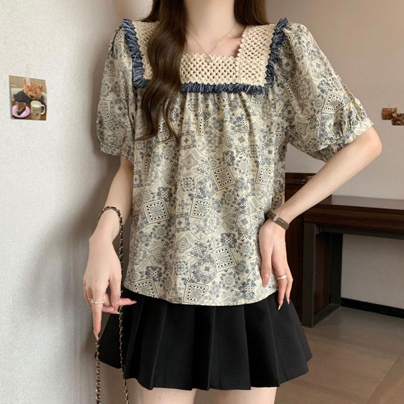 Retro Floral Lace Square Collar Short-sleeved Shirt for Women's Summer Doll Shirt Top