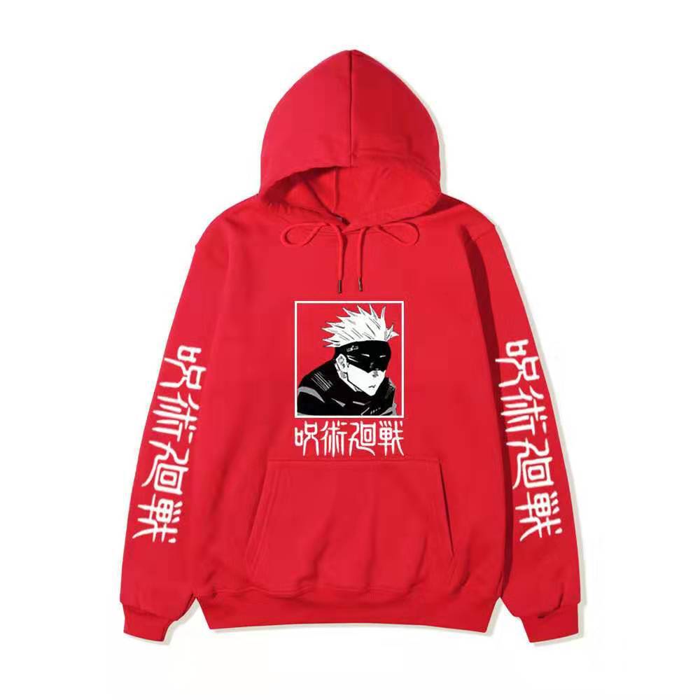 Men Women Fleece Hoodie Gojo Manga Art Two Sleeve Vertical Japanese Characters Casual Anime Hooded Sweatshirt