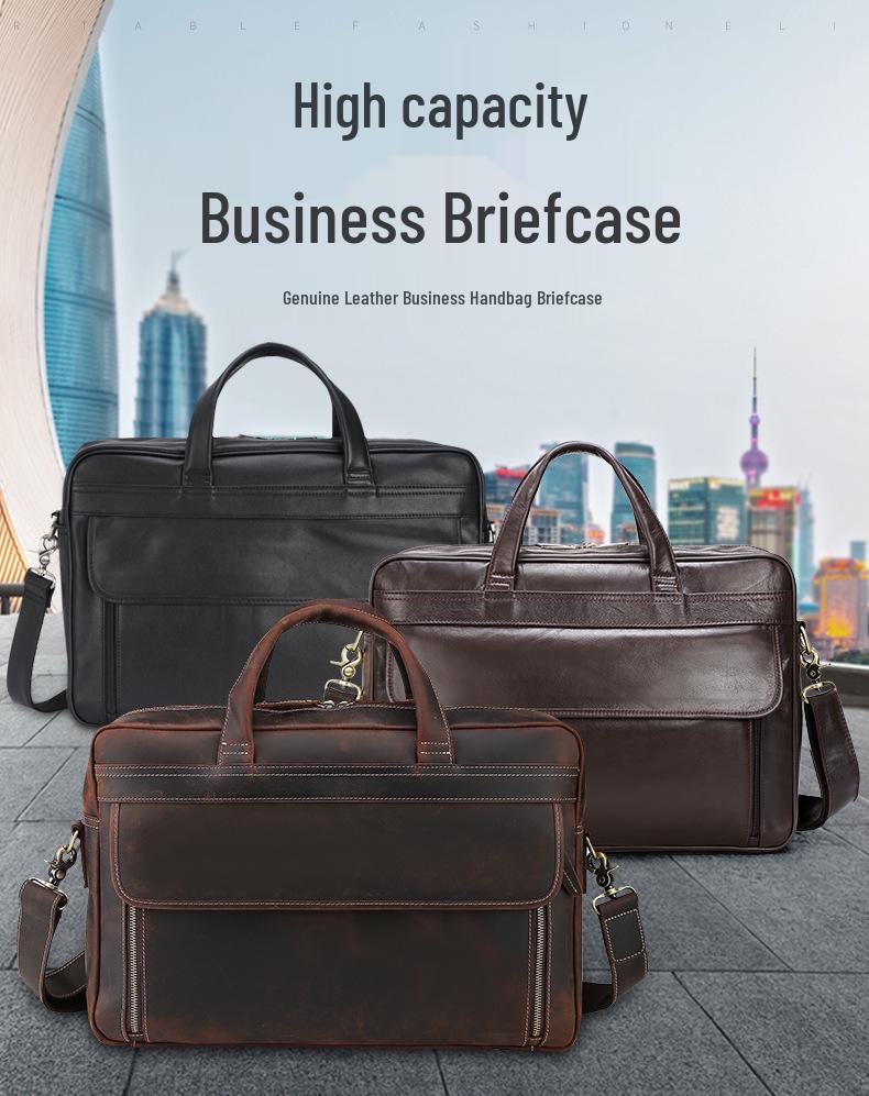 Genuine Leather Men's 17-inch Laptop Briefcase, Crossbody Cowhide Commuter Bag