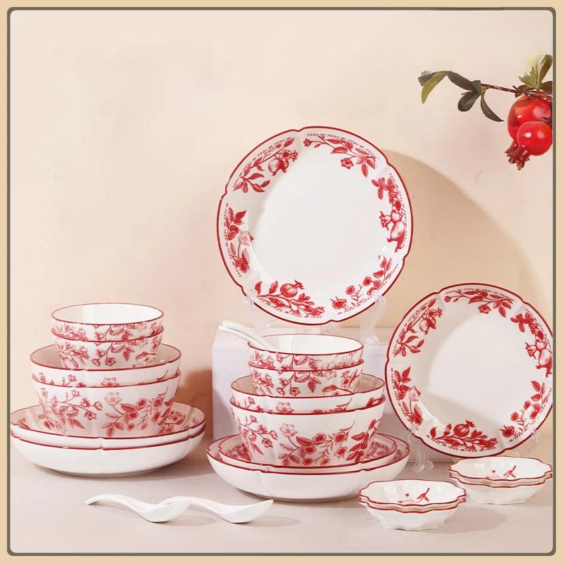 Ceramic Tableware Pomegranate Flower Pattern Housewarming Bowls Plate Steak Plate Dinnerware Microwave Feativel Gift
