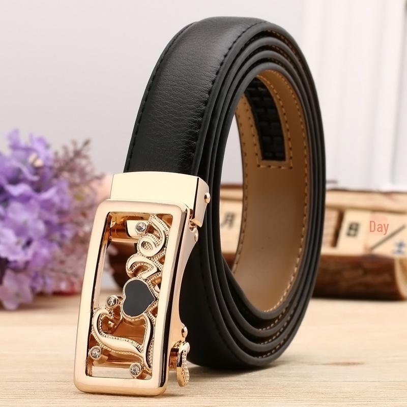 Women's Casual Double-Sided Lychee Pattern Leather Belt with Automatic Buckle
