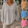 Women's Fashion Casual Solid Color Print Long Sleeve V Neck Blouses & Shirts