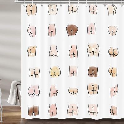 Bathroom Funny Shower Curtain, Funny Butt Hilarious Fabric White Toilet Decoration Accessories Shower Curtain With 12 Hooks