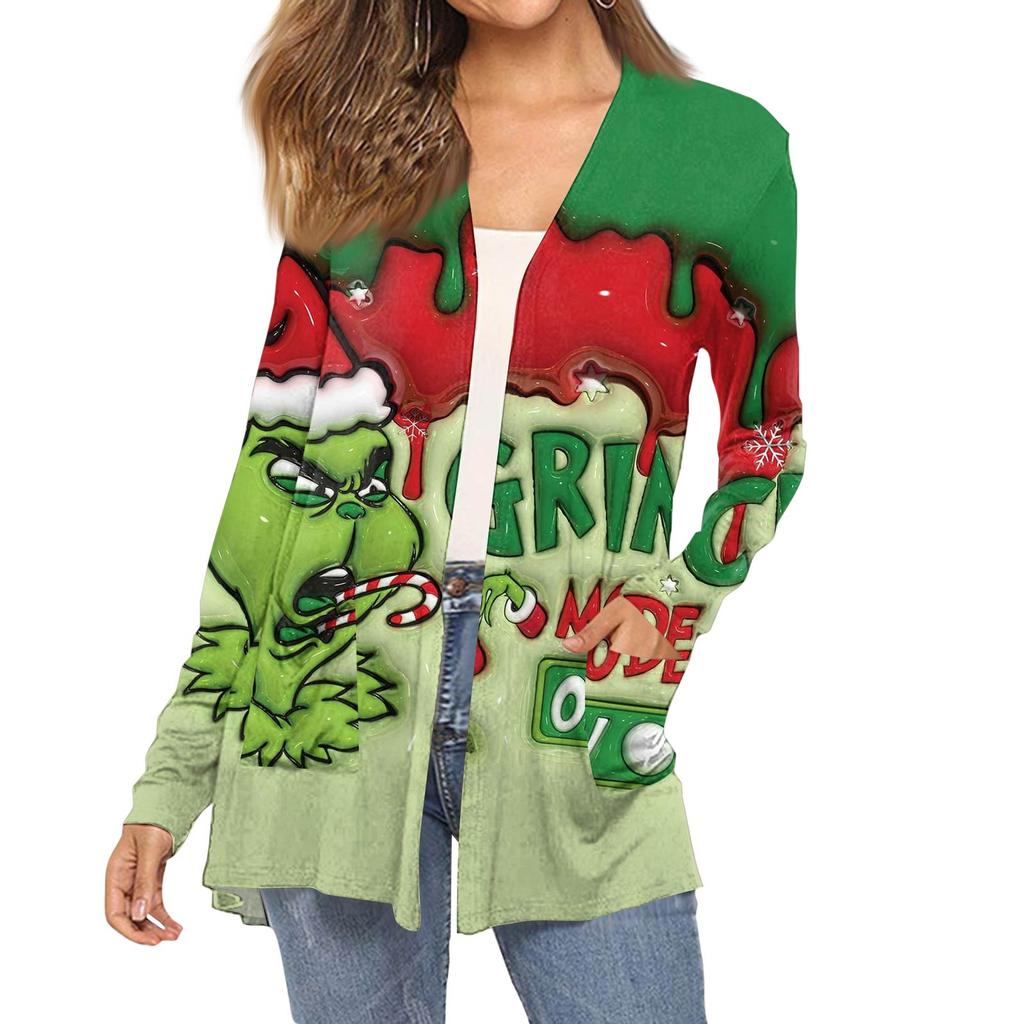 Women's Fashion Christmas Print Long-Sleeved Pocketed Slim-Fit Cardigan Coat