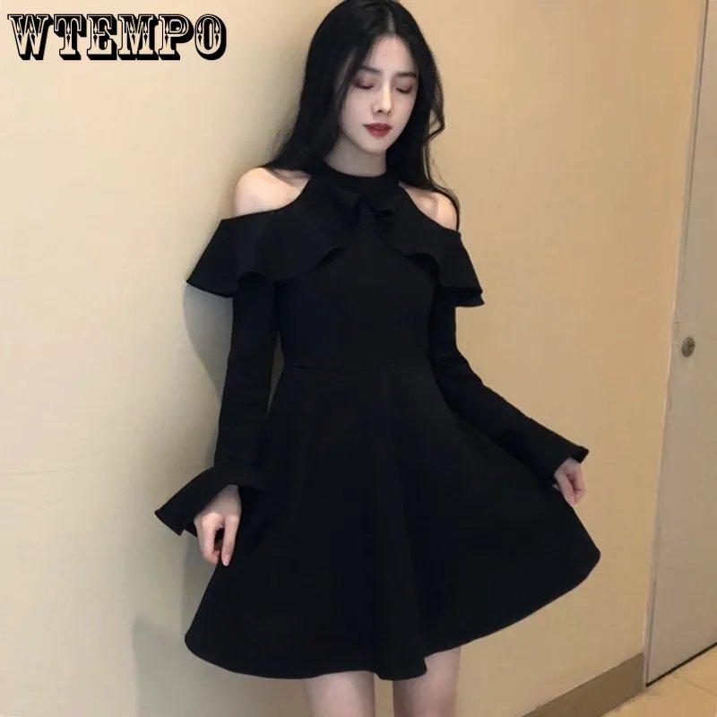 WTEMPO Ladies Long Sleeve Black Dress Women Solid Off Shoulder All-match Spring Elegant A-line Sexy Party Mini Dress