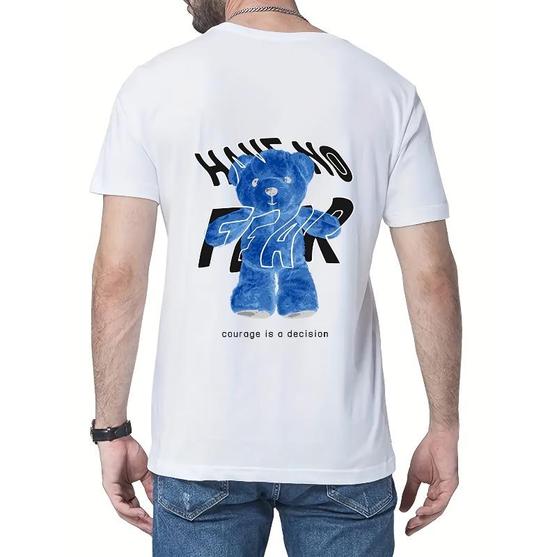 European Size Blue Bear & Slogan HAVE NO FEAR Pattern Print Men s Comfy T-shirt, Graphic Tee Men s Summer Clothes, Men s Outfits S