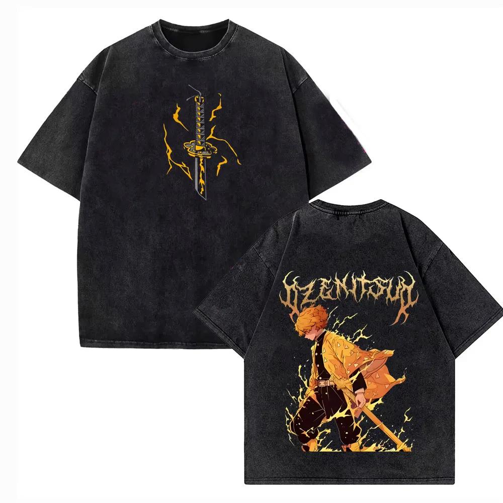 Demon Slayer Blade Charcoal Jiro Extra Large Retro Washed Mens Tshirt Summer New Style Suitable for Both Men and Women