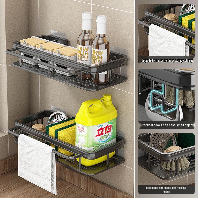 Wall-Mounted Kitchen Towel & Seasoning Rack - Punch-Free, Multifunctional Sink Organizer