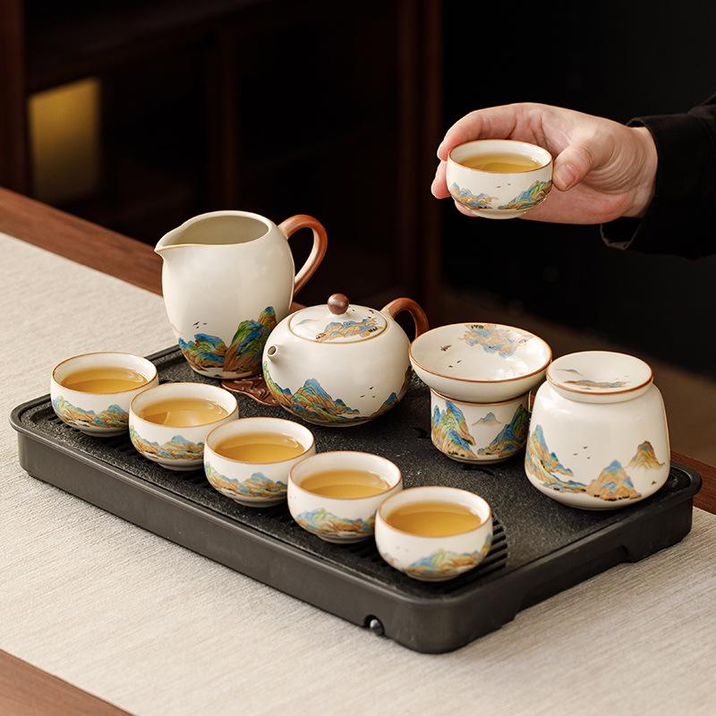 Ru Kiln Light Luxury Tea Set: 'A Thousand Li of Rivers and Mountains' - Complete Teapot and Teacups Gift Box for Elders