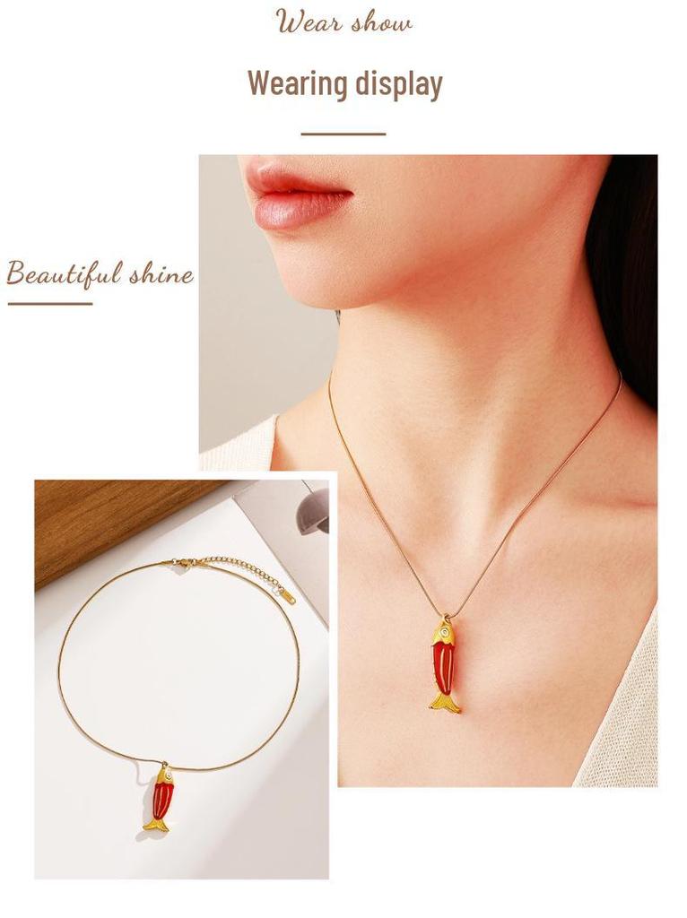 Waterproof Red Enamel Fish Pendant Necklace in Stainless and Titanium Steel with 18K Gold Plating