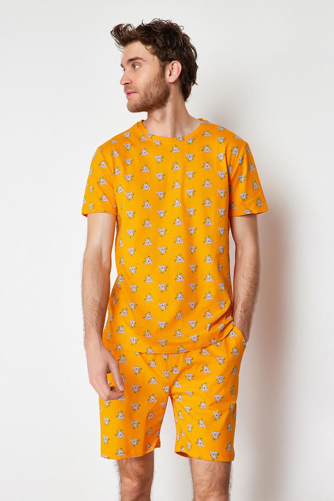 Modisches neues Pyjama-Set für Herren, orange, reguläre Passform, Strick-Pyjama-Set mit Koala-Aufdruck und Shorts