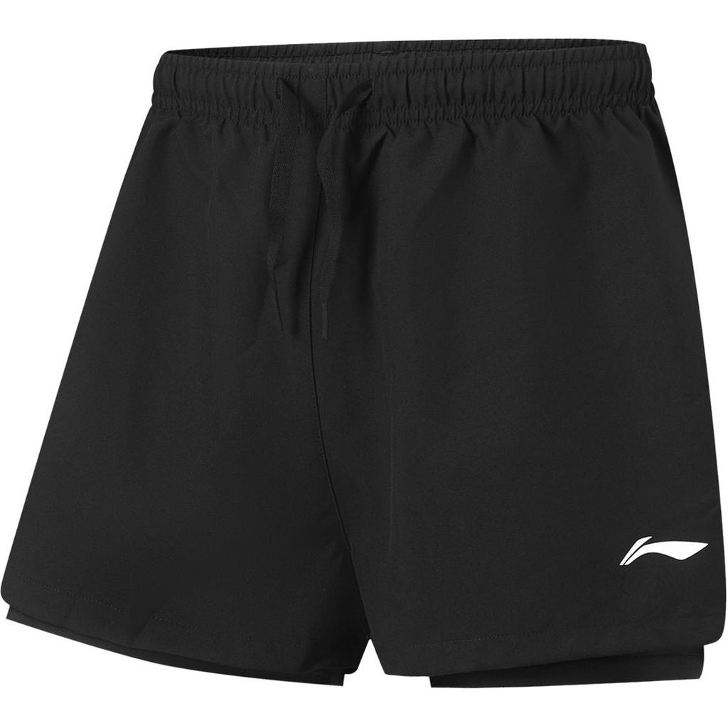 Li Ning Swimming Series Solid Color Lace-Up Faux Two-Piece Beach Shorts Men Shorts Black AKST873-2