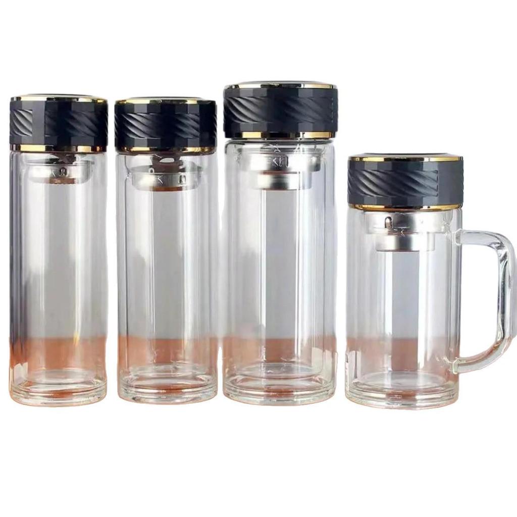 Burn-Resistant Double-Layer High Borosilicate Glass Tea Cup with Custom Logo and Tea Separator.
