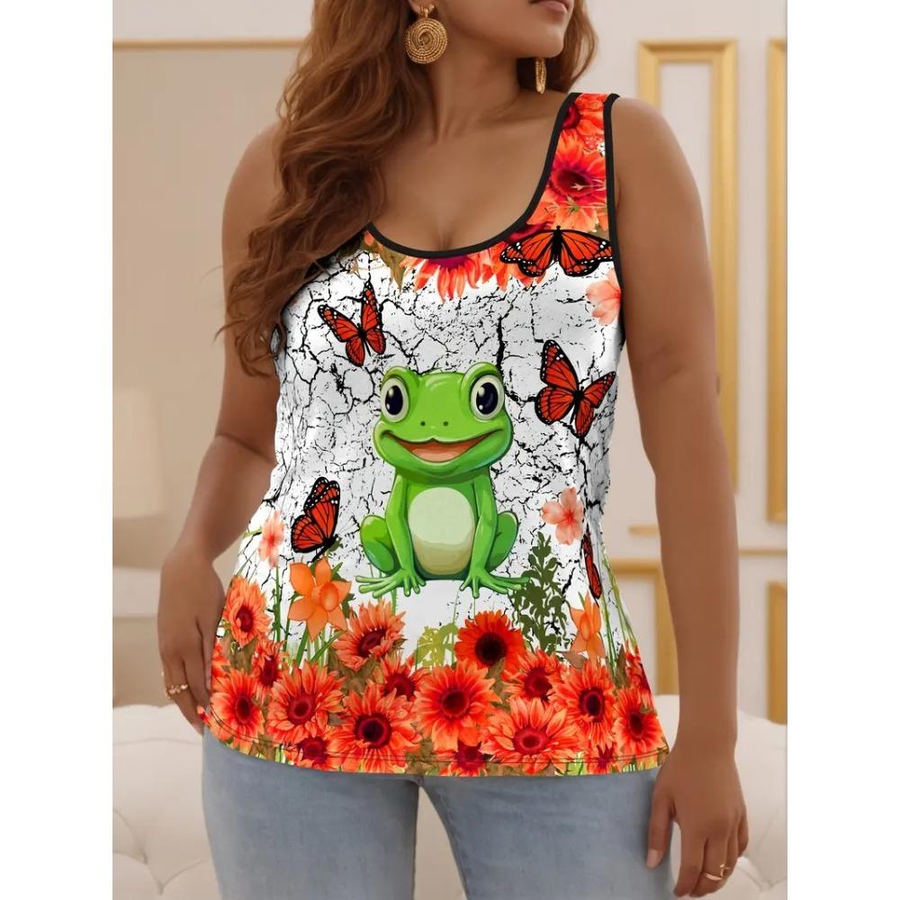 Summer Women's Large Size Colorful Creativity Portrait Flower 3D Printing Vest Loose Fashionable Comfortable Soft Breathable O Neck Sleeveless Vest