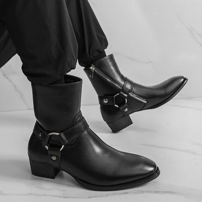 Fashion Classic Black Men's Autumn Comfortable Side Zipper Pointed High Top Leather Shoes 2025 Fashion Brand Men's Outdoor Denim Boots