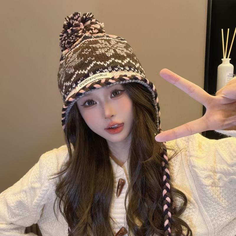 

Винтажная жаккардовая вязаная шапка женская осенне-зимняя теплая с защитой ушей в стиле прерий для путешествий, в стиле Фэр-Айл, студенческая шерстяная шапка темно-коричневого