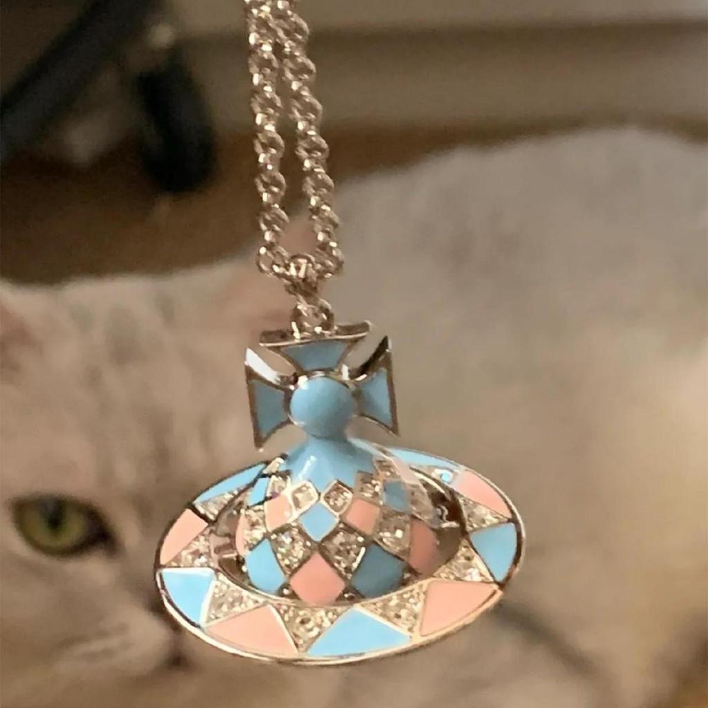 Empress Cixi Blue Pink Saturn Sphere Pendant Diamond Sweater Chain Necklace