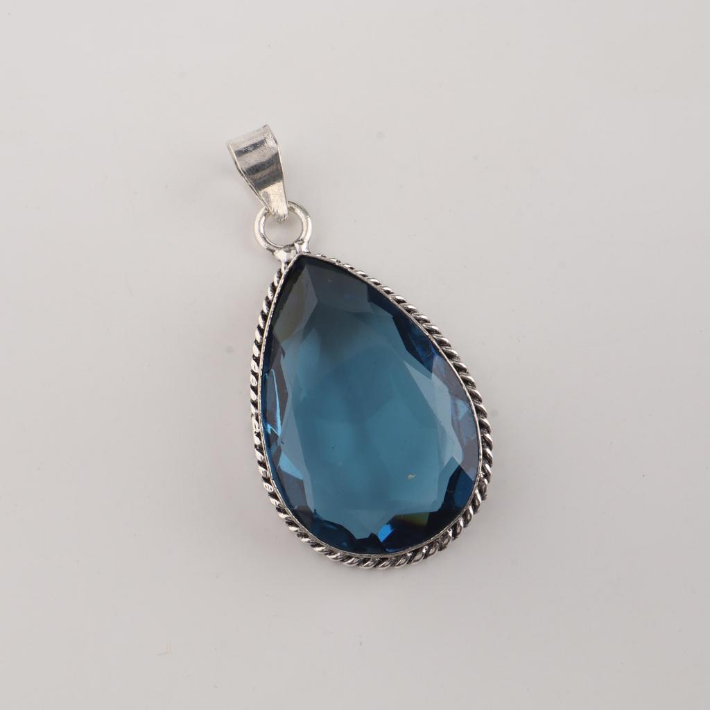 London Blue Topaz Gemstone Silver Pendant 1.8" , 925 Sterling Silver Jewelry, Handmade Stylish Pendant For Women PP-65-2