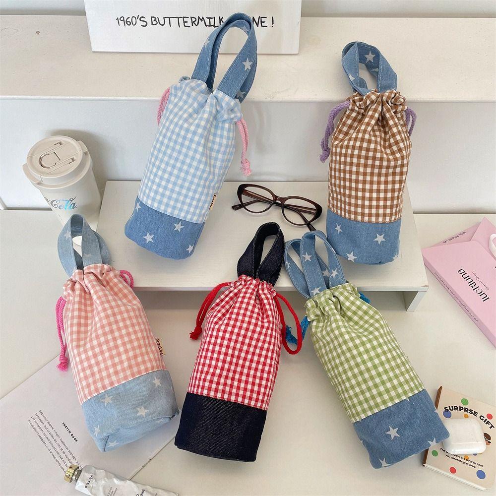 Water Bottle Holder Water Bottle Cover Grid Small Storage Bag Cute Drawstring Canvas Cup Bag  Girls