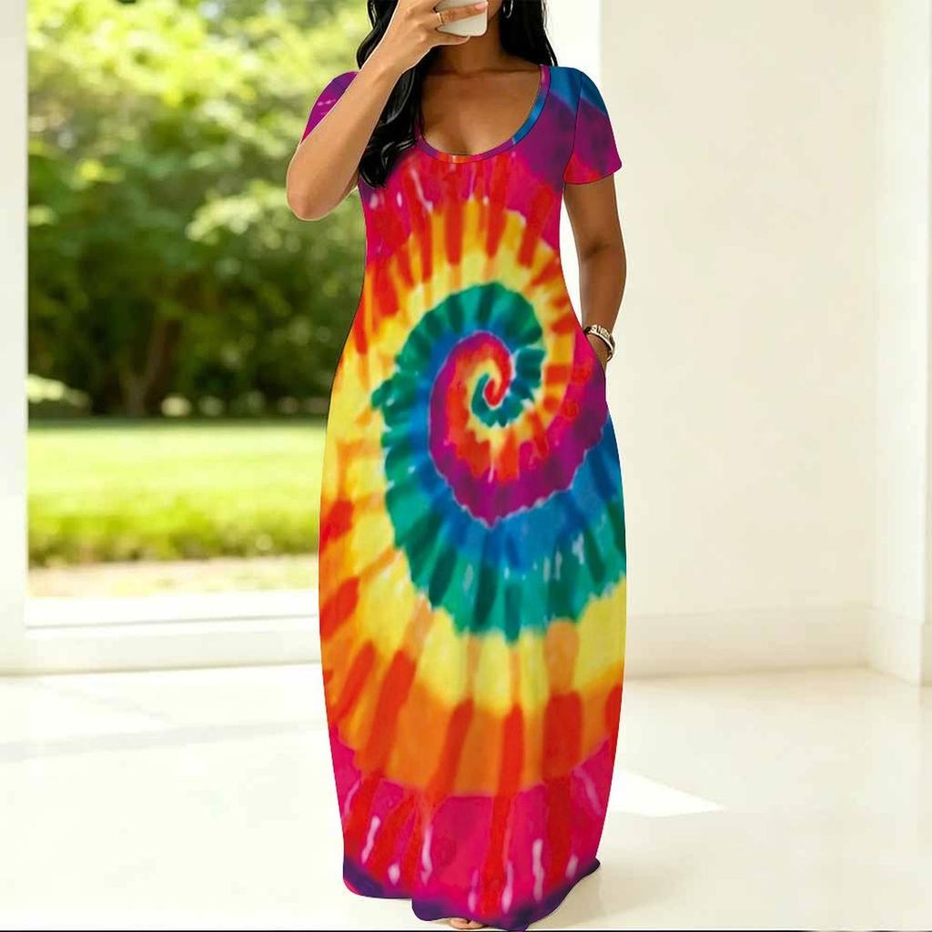 Ladies Curvy Fit Crew Neck Short Sleeve Dress Light Loose Outfit Designed For Summer Daily Hangouts