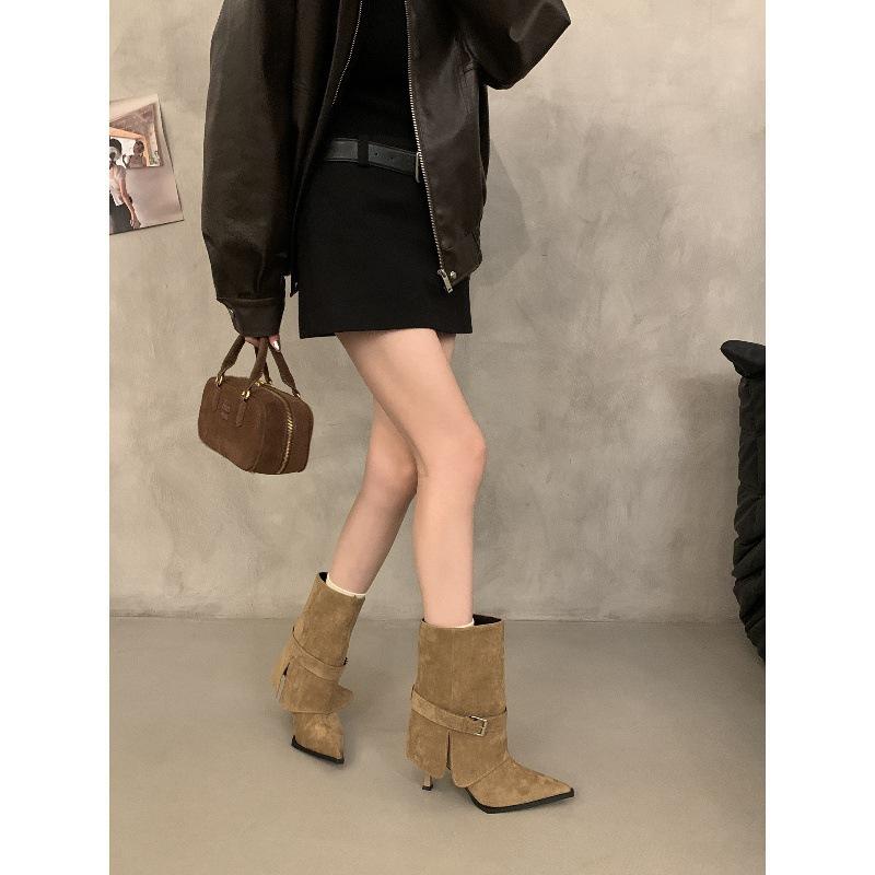 Vintage Suede Pointed Belt Buckle High-heeled Short Boots Women's Boots Autumn and Winter Thin-heeled Trouser Boots Medium Boots