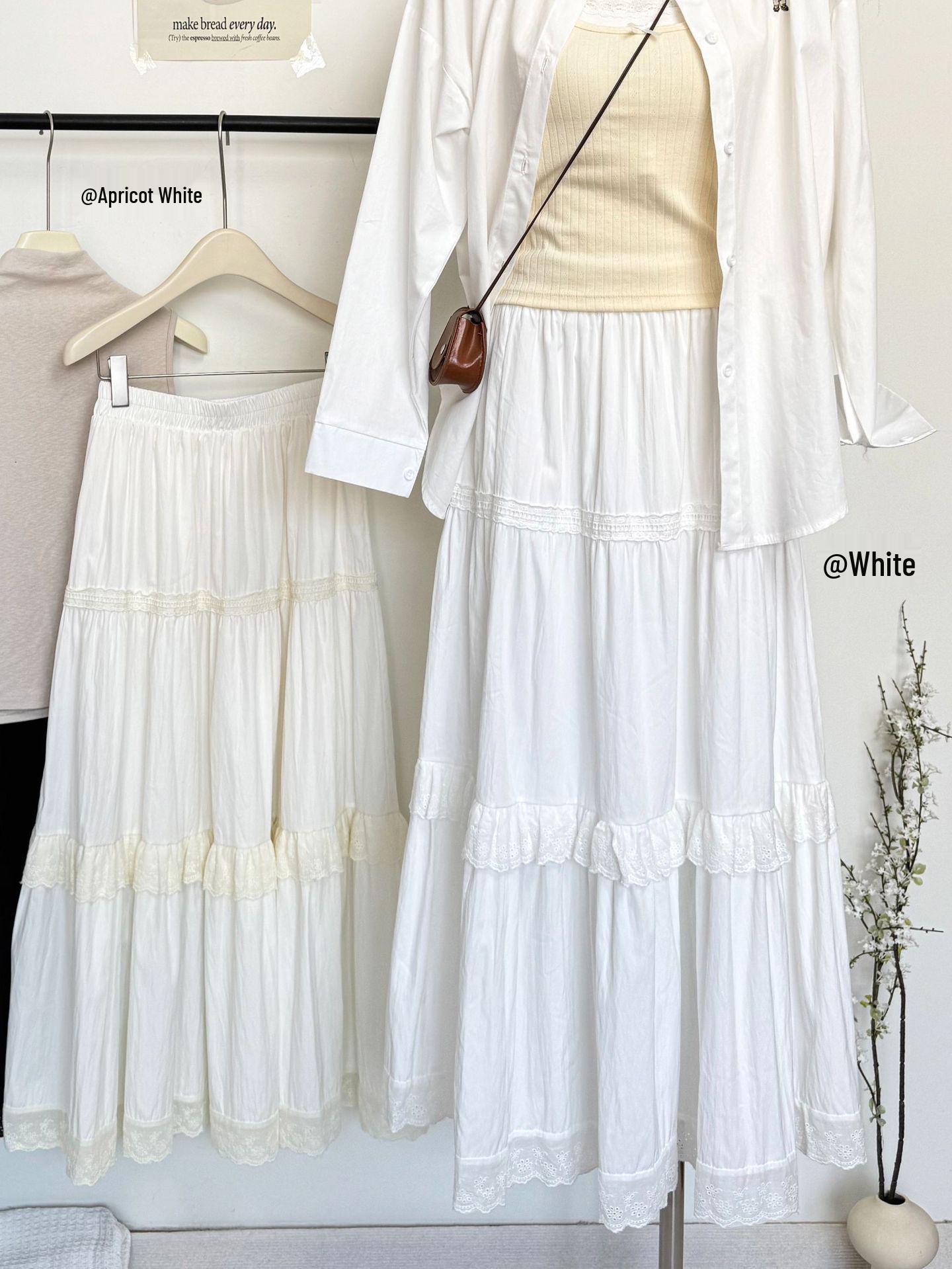 2026 Spring/Summer New Arrival: Sweet Lace Trim A-line High-Waisted Skirt One Size белый
