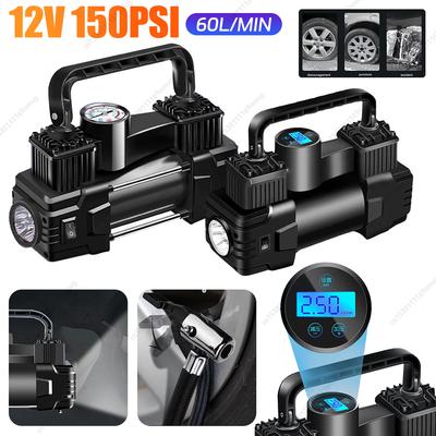 12V Metal Air Compressor Portable Dual Cylinder Auto Inflatable Pump 150PSI Heavy Duty Car Tire Inflator with Pressure Gauge
