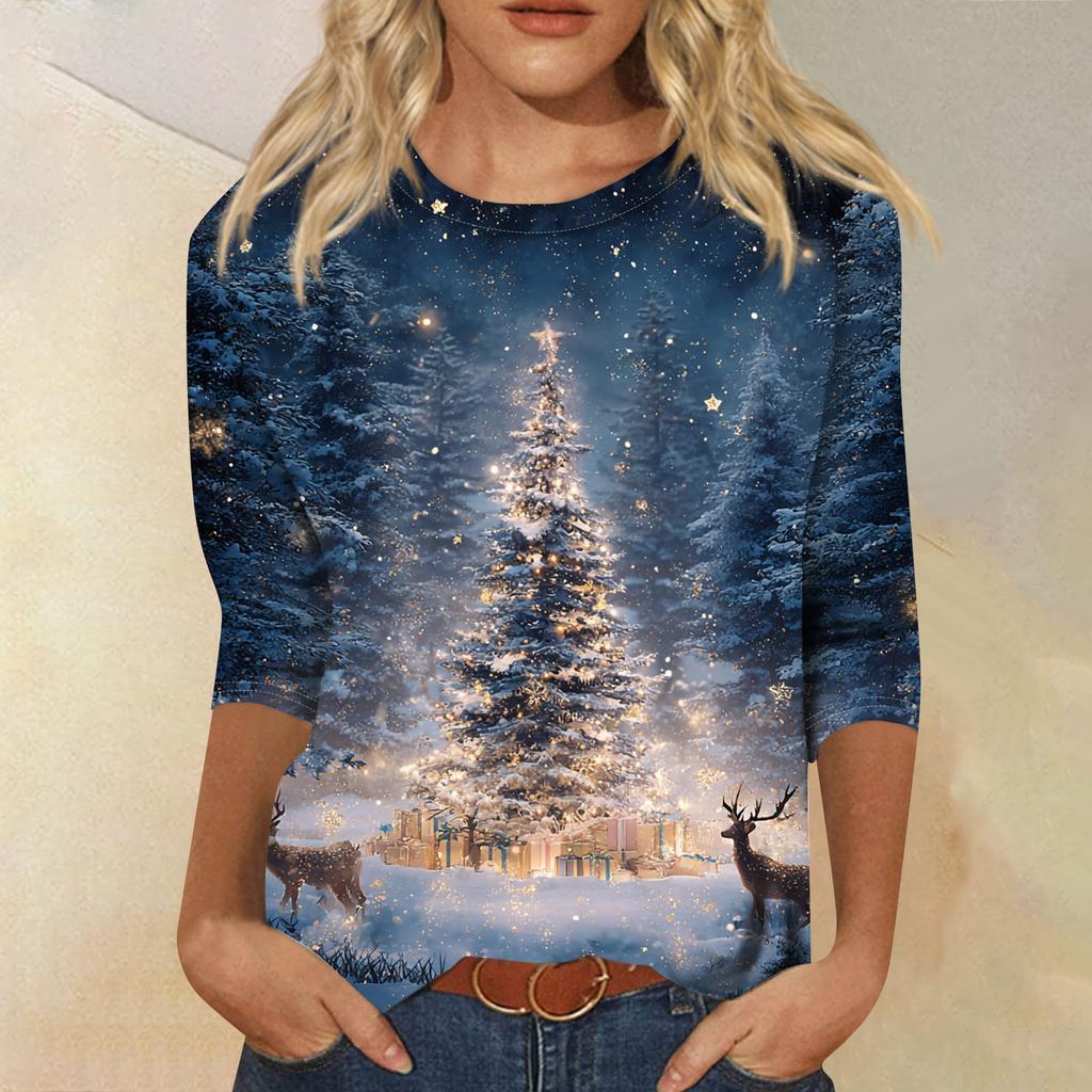 Women's Fashion Casual Round Neck 3/4 Sleeve Loose Printed T-Shirt Ladies Top