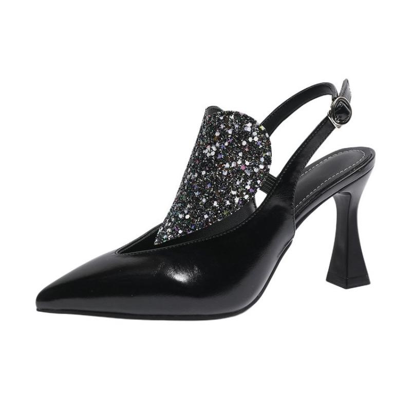 

Women s Pointed Toe Spliced Sequin Mid-Heel Shiny One Buckle Full Diamond Non-Slip Sandals 43