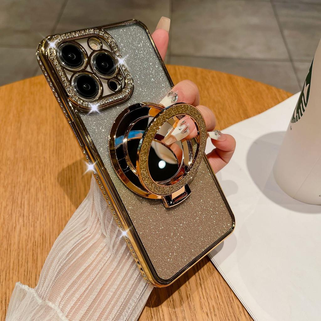 For iPhone 14 Pro Max Cover TPU Magnetic Phone Shell with Acrylic Mirror PC Kickstand Cover