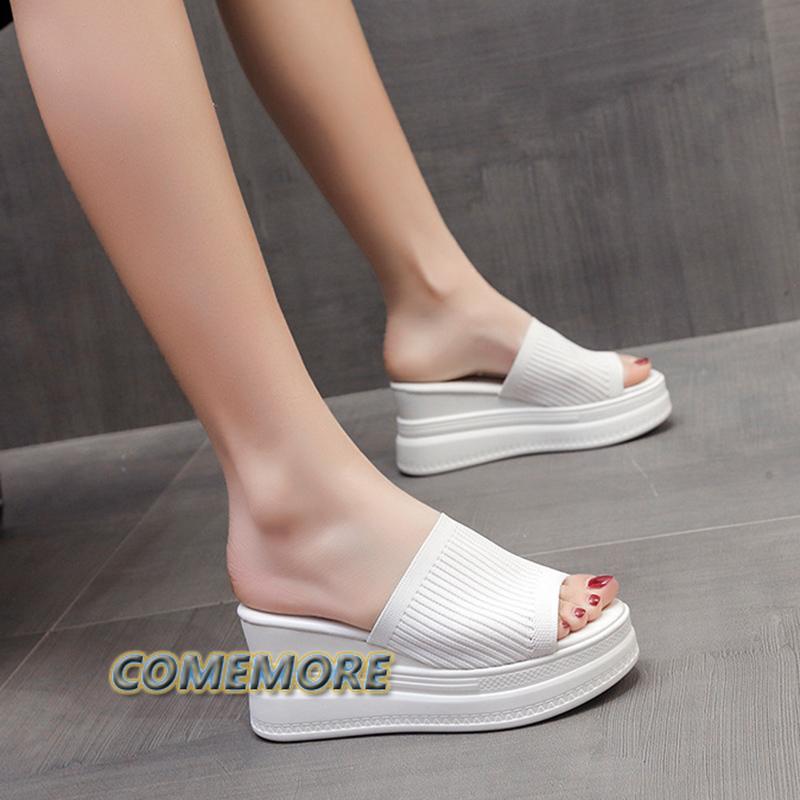 Módní červeno-bílé pantofle na klínku dámské sandály platformové klínkové boty dámské letní sandály plážové sandály pantofle na vysoké platformě