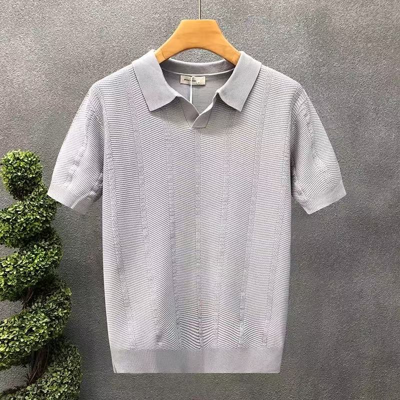 Americká retro volná texturovaná pletená polokošile pro muže Letní retro tričko s límečkem, prodyšné, ve stylu old money, s krátkým rukávem