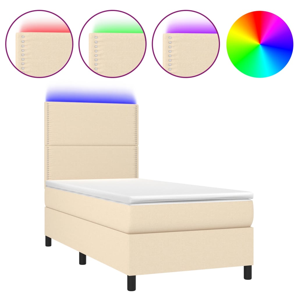 Box Spring Bed with Mattress & LED Cream 90x200 cm Fabric