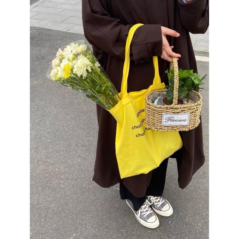 Ins style yellow shoulder bag simple letter printed canvas bag student class bag portable versatile women s bag